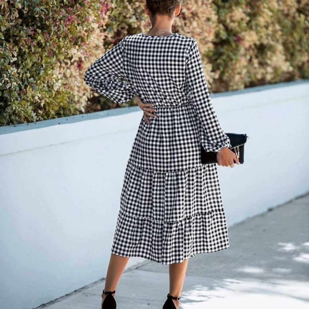 Gingham Twist Cut Out Ruffle Hem Bishop Sleeve Dress - Picture 3 of 4